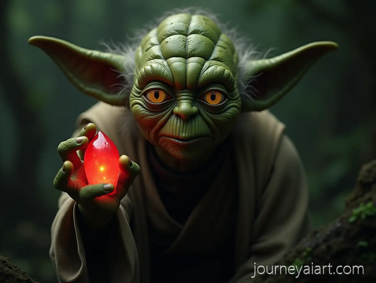 Macro-Photograph-of-Sith-YodaSith-Yoda-in-Dagobah-in-Dagobah-Swamp-with-SulfurYellow-Eyes-and-Red-Crystal