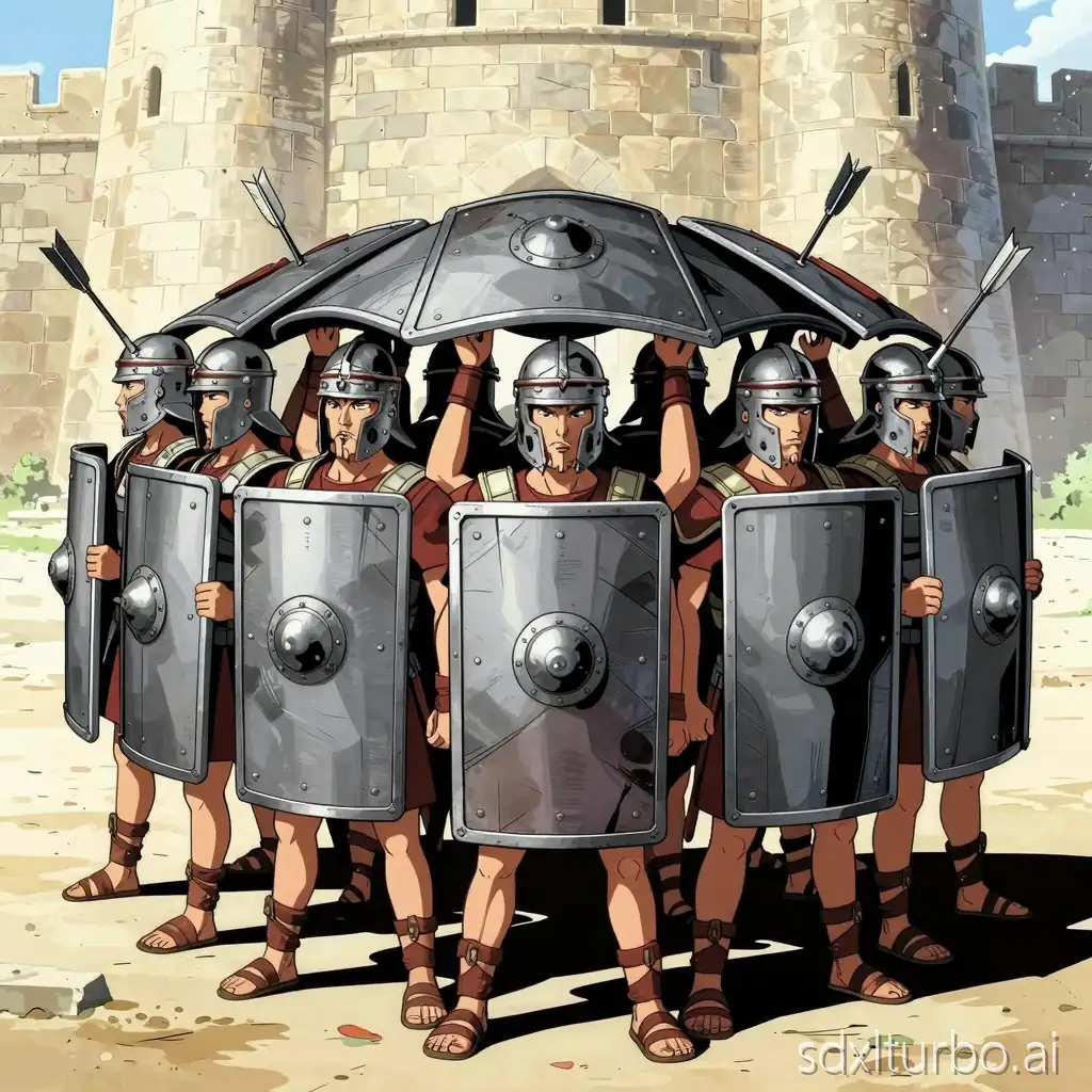 cell shaded comic book illustration, bold outlines, flat shading, wide cinematic shot, Roman legionaries forming testudo shield formation, rectangular shields locked overhead, arrows striking shields, simple stone fortress background, high contrast lighting, minimal background clutter