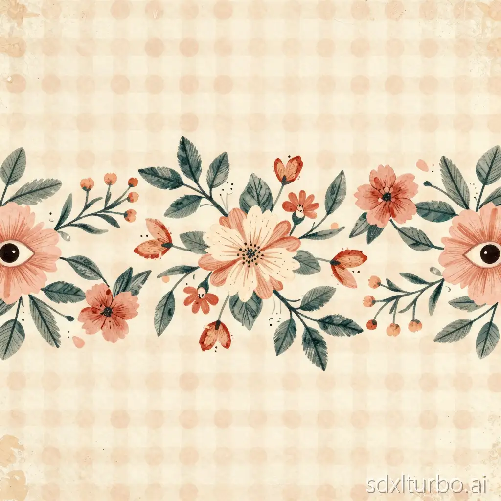 Vertical or horizontal floral border strip with scattered blossoms and foliage, subtly incorporating partial big-eyed figures as illustrated accents. Background uses retro gingham or polka dots with distressed, crackled paint textures and visible brushwork