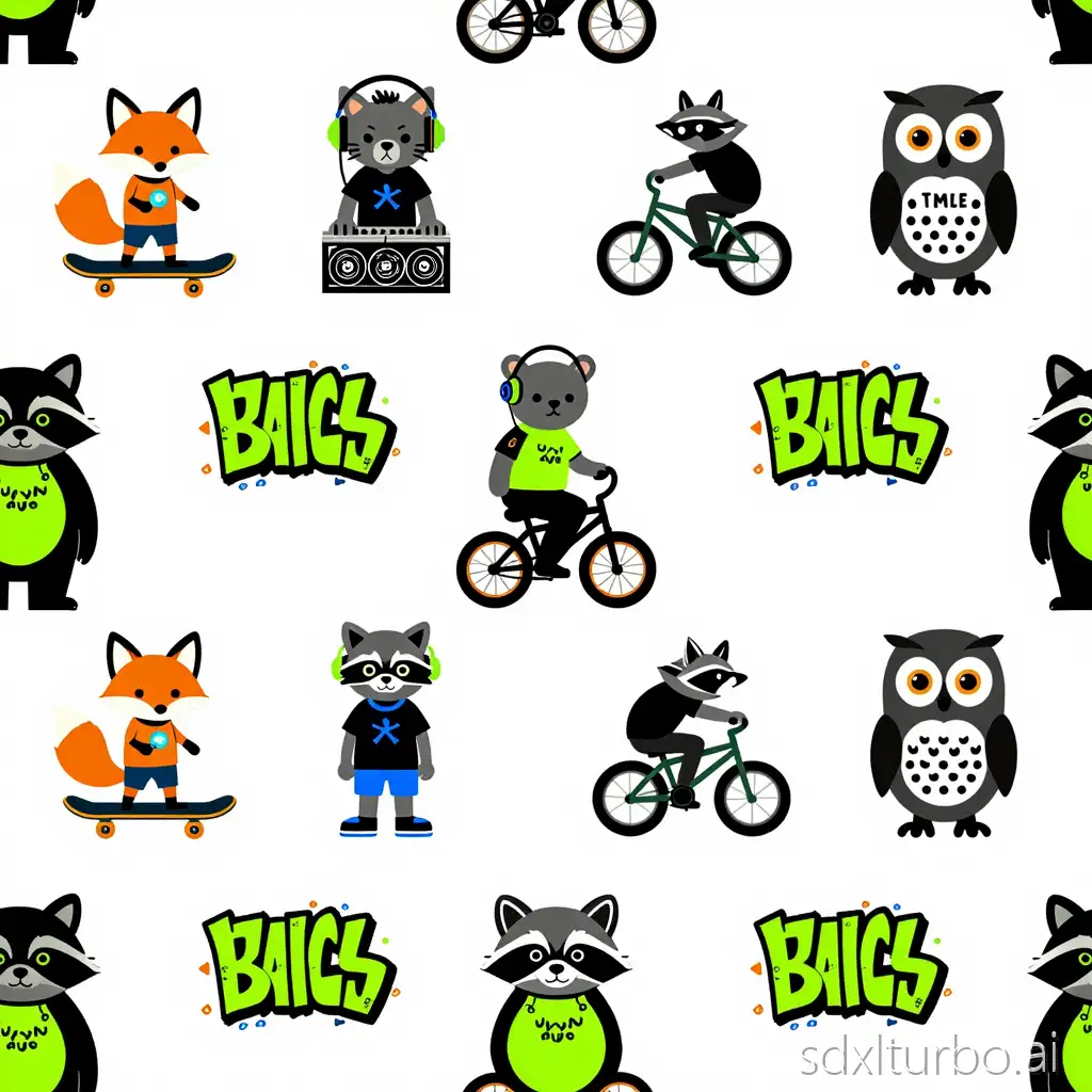 Seamless repeating pattern, urban animal characters for kids and teens, stylized fox on skateboard, DJ cat with headphones, BMX bear, graffiti raccoon, gamer owl, flat vector illustration, bold clean outlines, modern street style, playful but cool, all-over repeat, half-drop layout, high contrast, limited color palette (black base with neon green, blue, orange accents), knit-friendly design, no gradients, no background texture, perfectly tileable, professional surface pattern design