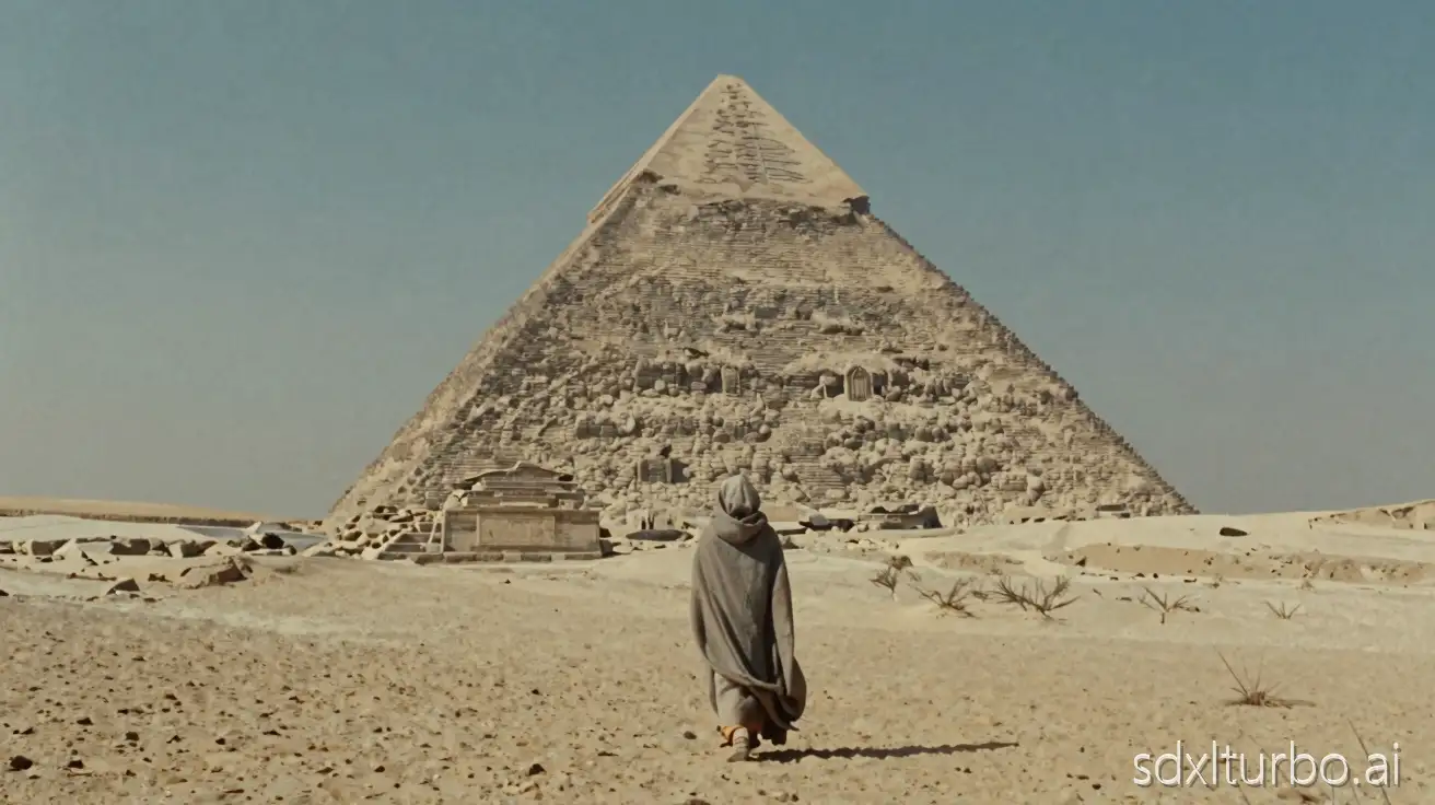 Cinematic wide shot inspired by late 1960s arthouse cinema.  A solitary hooded figure, wrapped in a long flowing cloak, slowly walking across an endless desert toward a monumental stone pyramid.  The figure is small compared to the vast landscape, emphasizing solitude and spiritual journey.  The pyramid feels ancient, sacred, and symbolic — rough stone, imperfect geometry, partially buried by sand.  No futuristic elements, no fantasy ornamentation, purely archetypal and timeless.  Static or very slow forward camera perspective, composed like a lost film still.  Muted color palette: sandy beige, faded stone gray, pale sky blue, dusty atmosphere.  Soft natural desert light, slightly overcast, no harsh highlights.  Subtle 35mm film grain, low contrast, imperfect blacks, gentle color fade.  Atmosphere of silence, initiation, and metaphysical contemplation.  Feels like a forgotten spiritual film from the late 1960s, poetic, minimal, and solemn.
