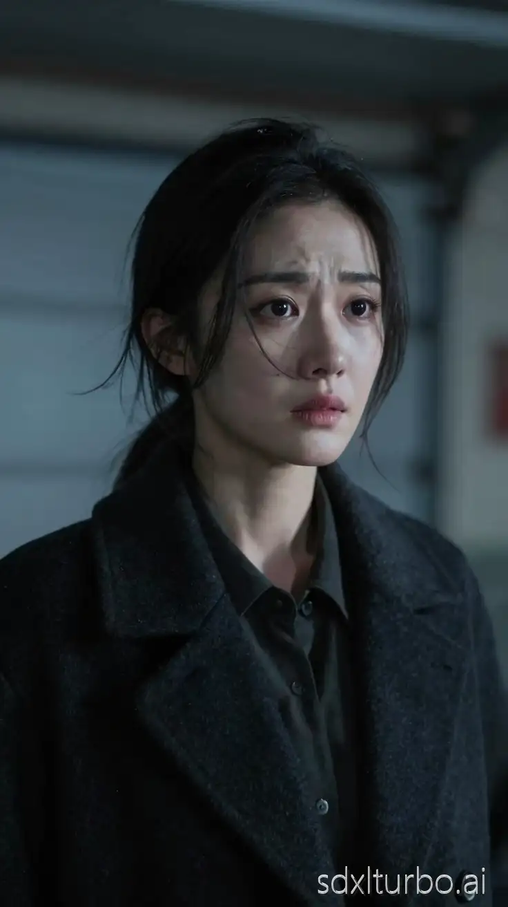 Close cinematic shot of a young woman (young woman mid-20s, dark coat, tired but resolute expression, natural look, calm bravery under fear) inside a dark garage, eyes widening slightly as she hears something unsettling, wind brushing strands of hair across her face, fear restrained but visible, cold blue-gray lighting, shallow depth of field, intense emotional realism, 8K photorealistic