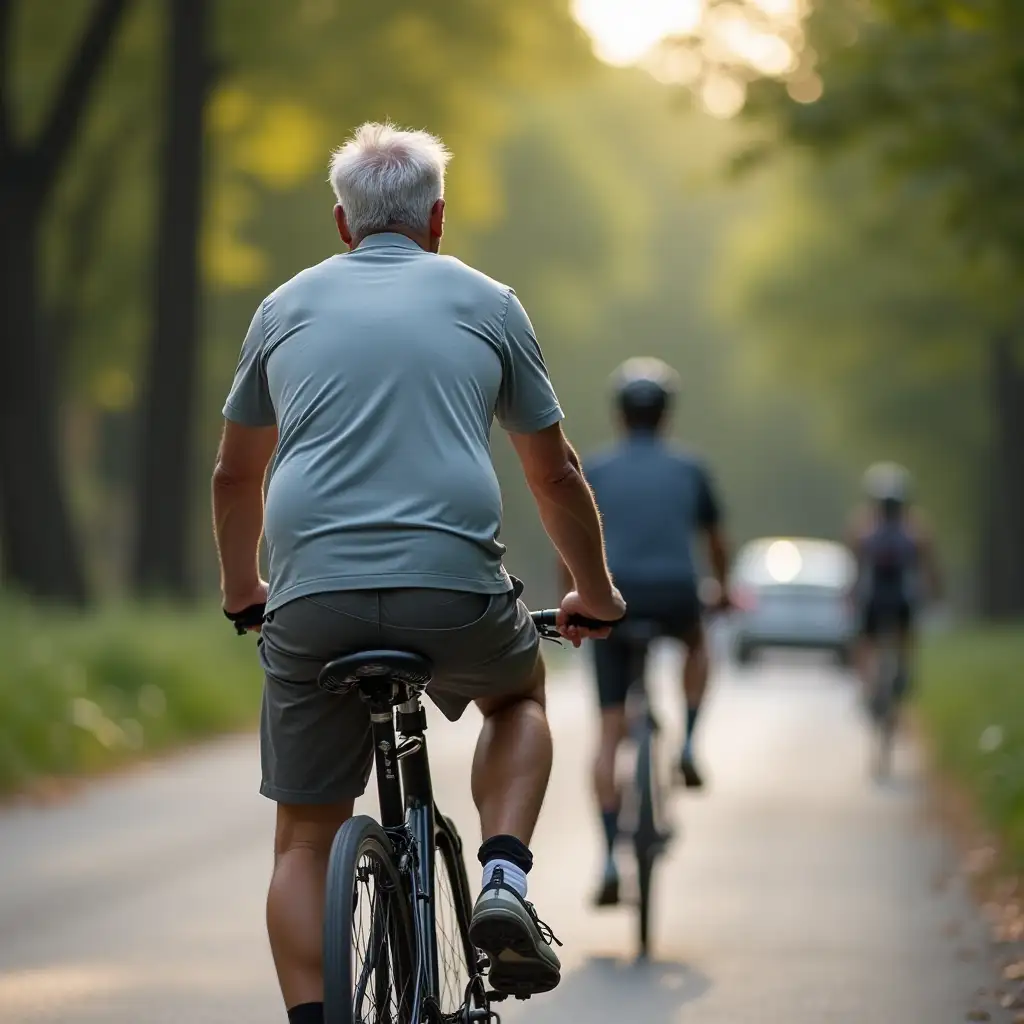 MiddleAged-Man-on-Bicycle-Cycling-Away-from-Camera-Turning-to-Speak-to-Someone