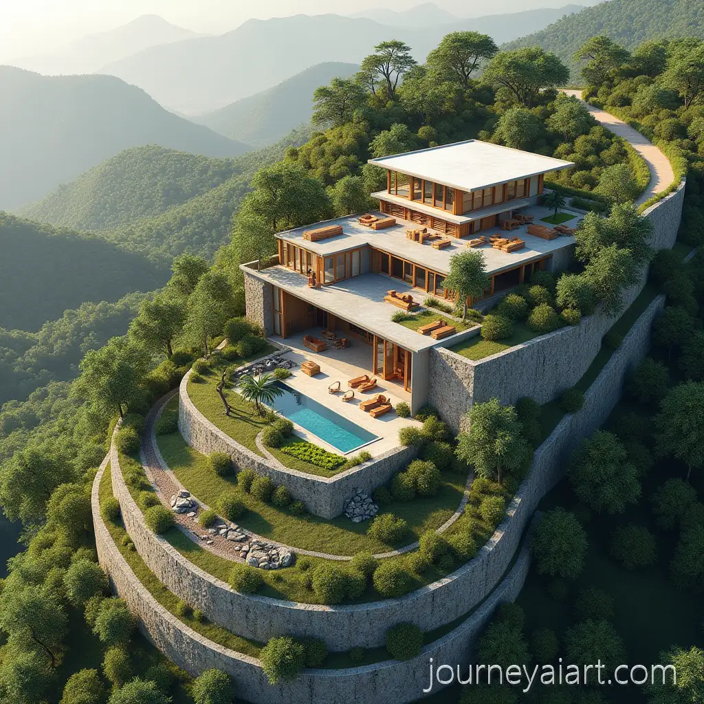 Aerial-View-ofArchitectural-Terrace-Site-Plan-Sloped-Property-with-Modern-Event-Hall-Contemporary-Hillside-House-and-Leisure-Areas