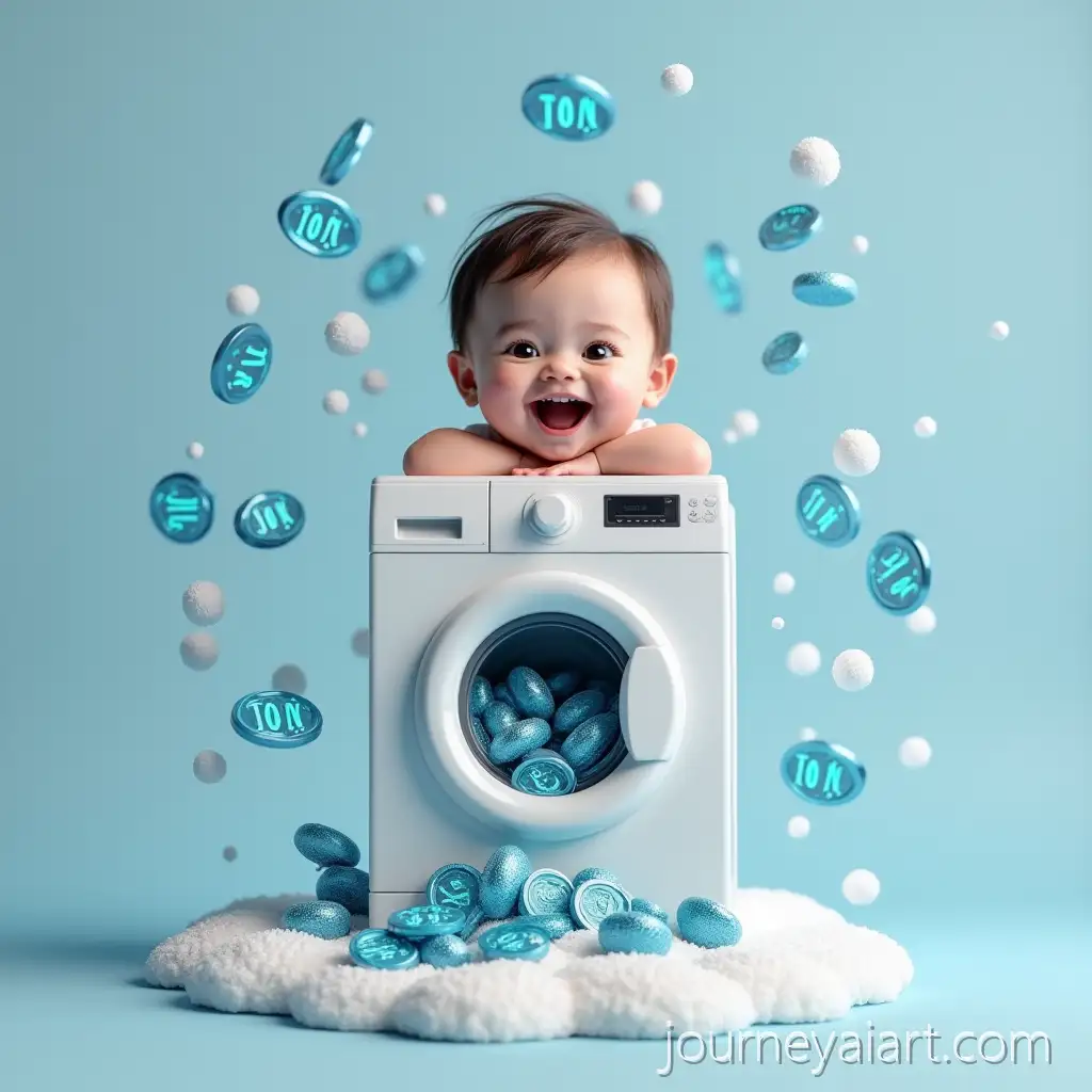 Cheerful-Toddler-Peeking-from-Washing-Machine-Washing-Money-and-Neon-Coins-in-3D-Meme-Art