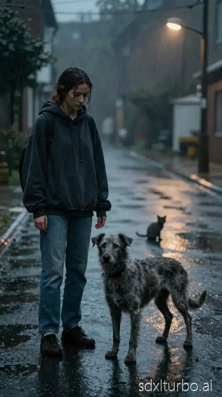 wide cinematic shot of wet empty street after storm, Lena (young woman mid-20s, brown skin, slim build, natural hair loosely tied back, dark oversized hoodie, worn jeans, protective demeanor), grey (thin grey stray dog, short coarse ash-grey fur with darker streaks along spine, visible ribs, amber eyes, scar on left ear, wet fur, alert but gentle posture) and rescued grey kitten silhouetted under dim streetlight, rain slowing puddles reflecting soft light, darkness stretching beyond frame unresolved mystery cinematic realism film grain 8k