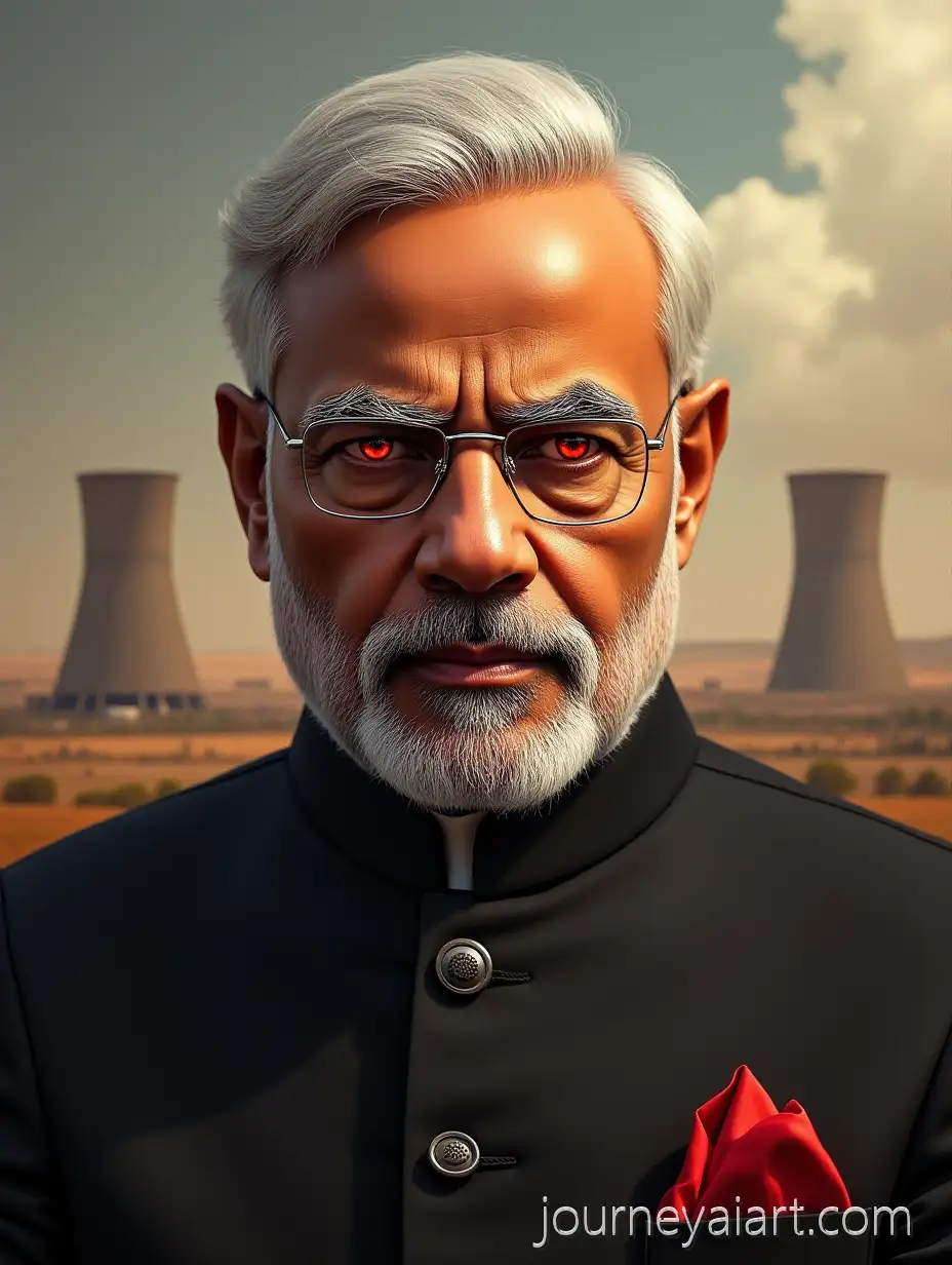 Portrait-of-Narendra-Modi-with-IntenseNarendra-Modi-portrait-Red-Eyes-and-Serious-Expression-Nuclear-Plant-in-Background