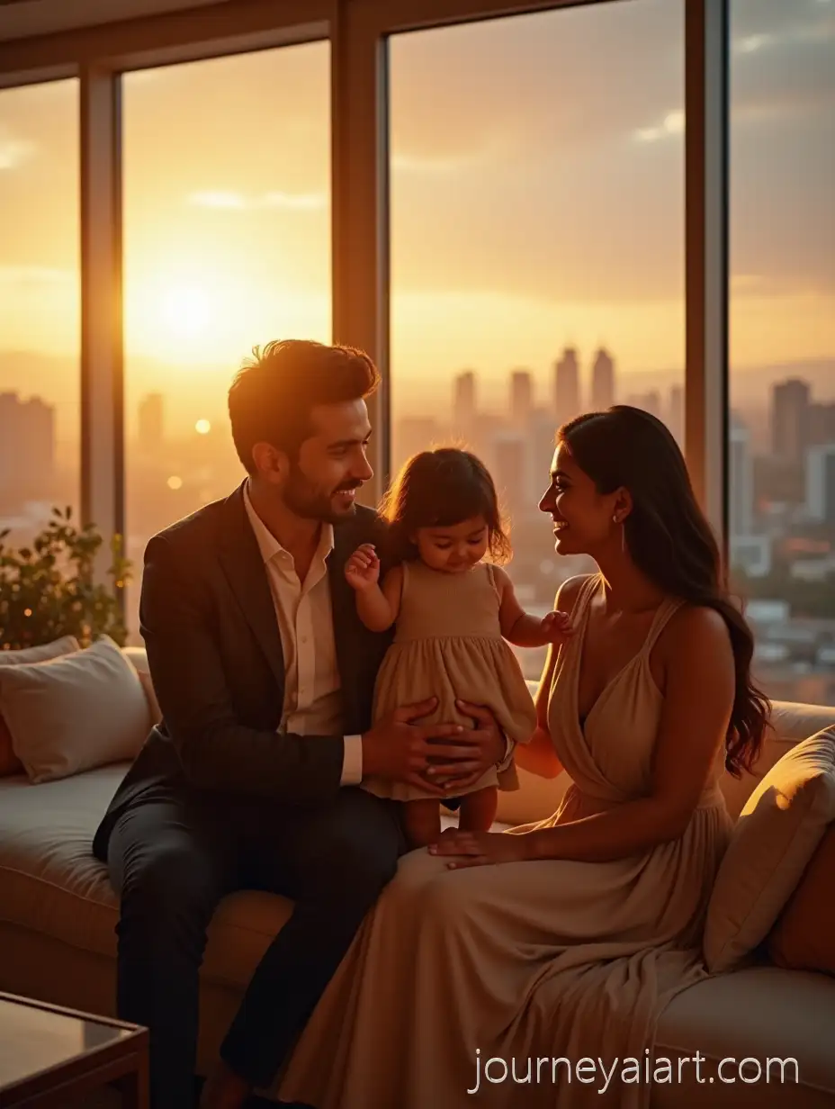 Modern-Indian-Family-Enjoying-a-Joyful-Moment-in-a-Luxurious-Living-Room-with-City-Skyline-at-Sunset
