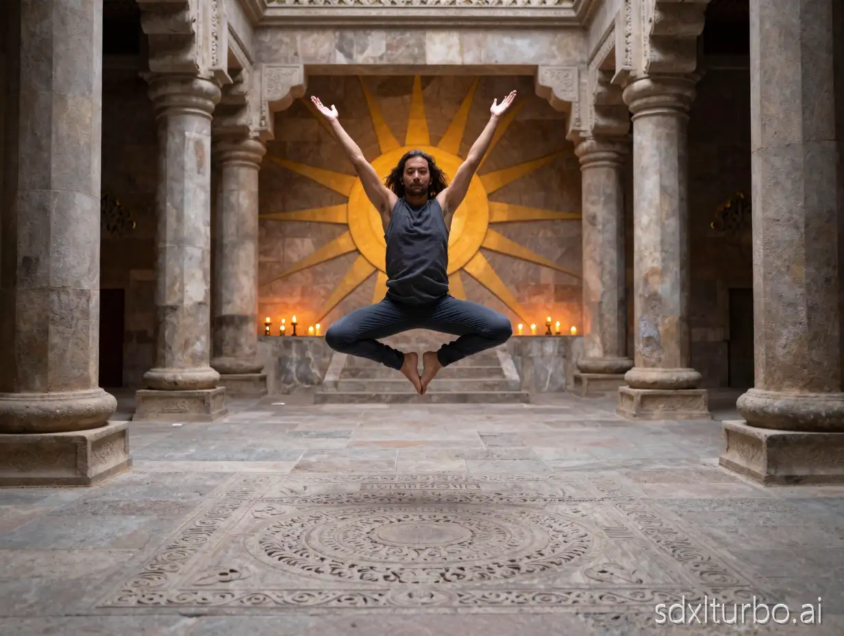 a jumping yogi with long hair on a carved stone floor inside a large stone hall with adorned columns, sun mandala backdrop, sunrays, candles in the back, photorealistic