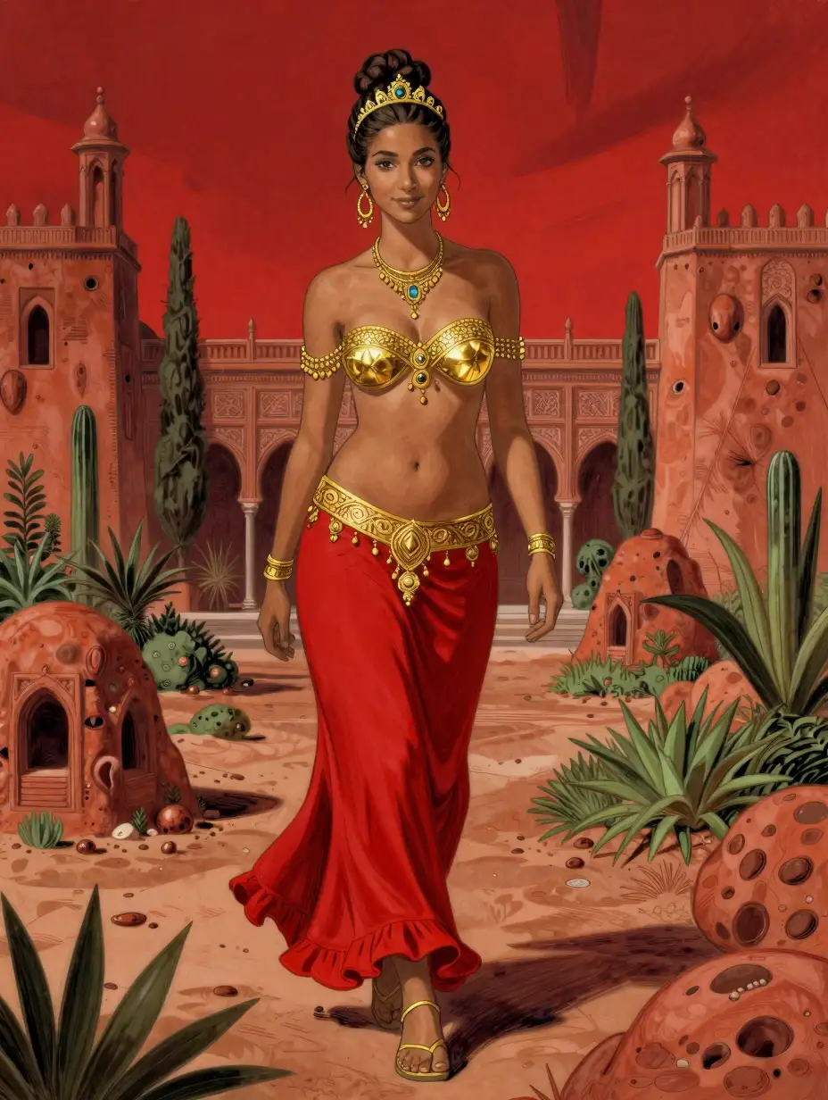 a Moebius style sketch of a Spanish girl in her mid-twenties with dark-brunette hair with braided bun and tiara, make-up, brown eyes and big earrings, her skin has medium-brown skin tone and medium-sized breasts and hips, she only wears long red skirt(navel visible) with frills and goldenSpanish+Moroccan ornamentation, golden strapless bikini-top with Spanish+Moroccan ornamentation, golden necklace and sandals, golden bracelets, she walks on a Moorish+Gothic style  Palace garden on a Alien planet with reddish coral-like structurs under a red sky, she smiles shyly, Moebius style