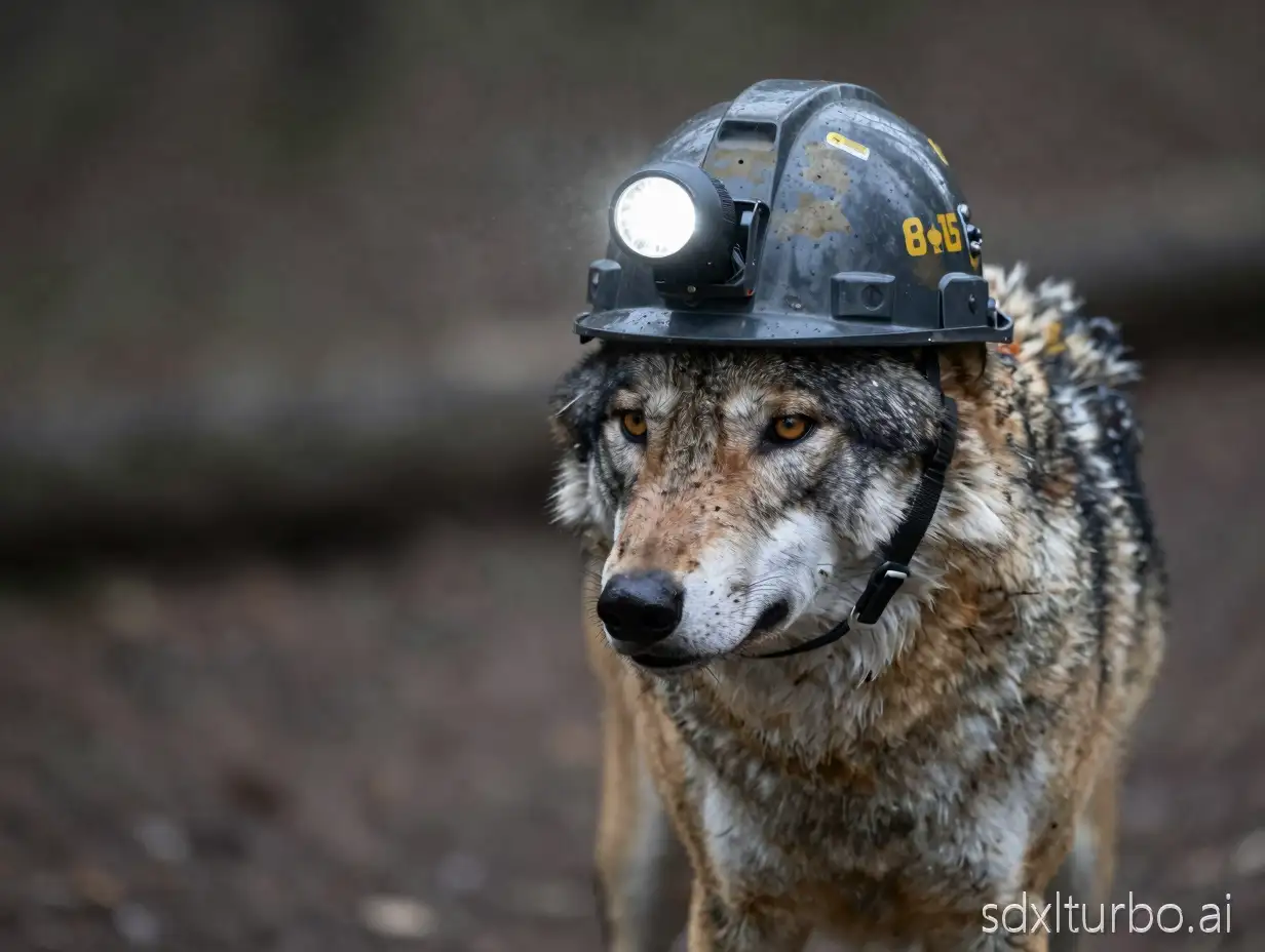 wolf wearing mining helmet that has flashlight on