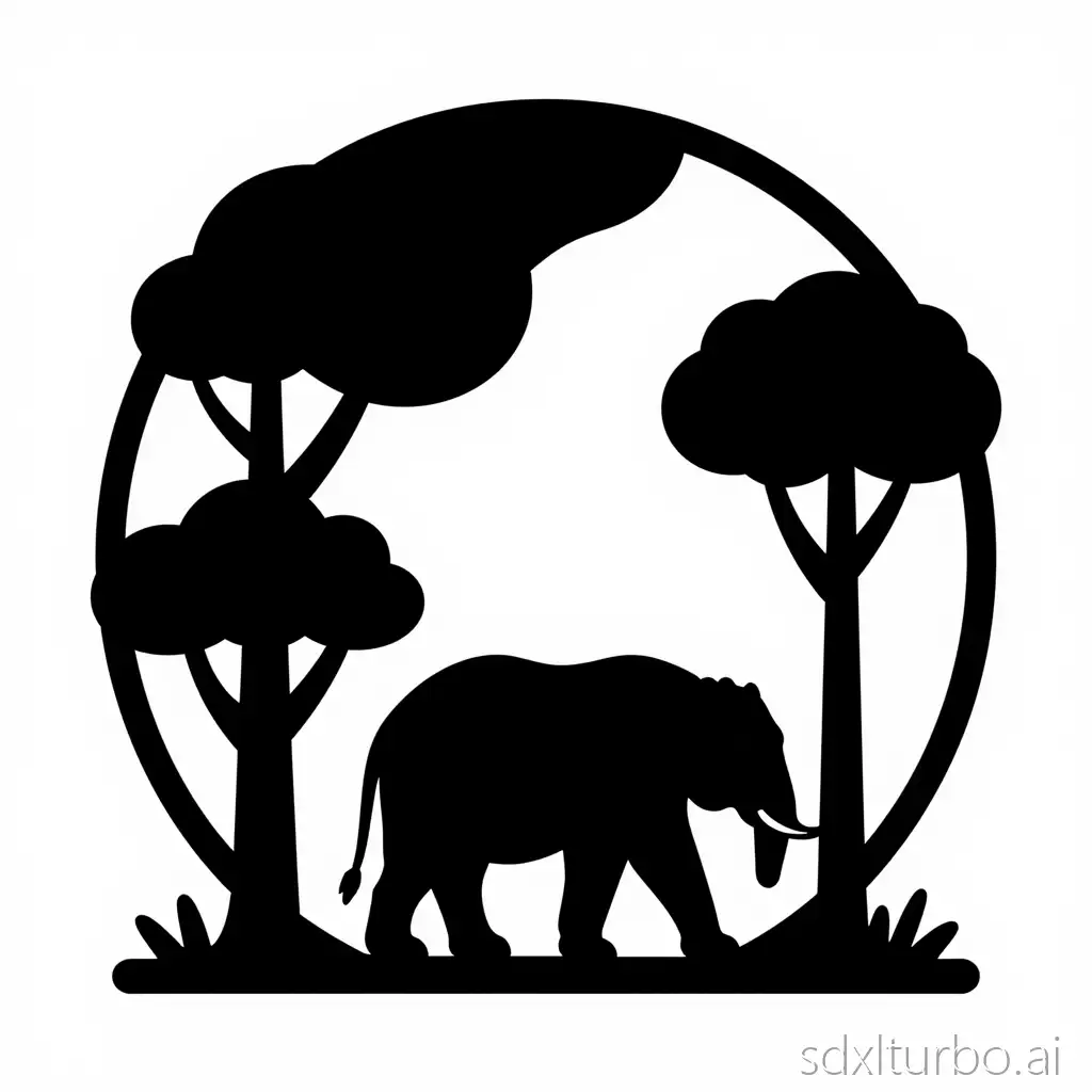 Zoo symbol, abstract 2D style, white background, stylized image with animal silhouettes and tree elements, circular rectangle, simple lines with top curved texture