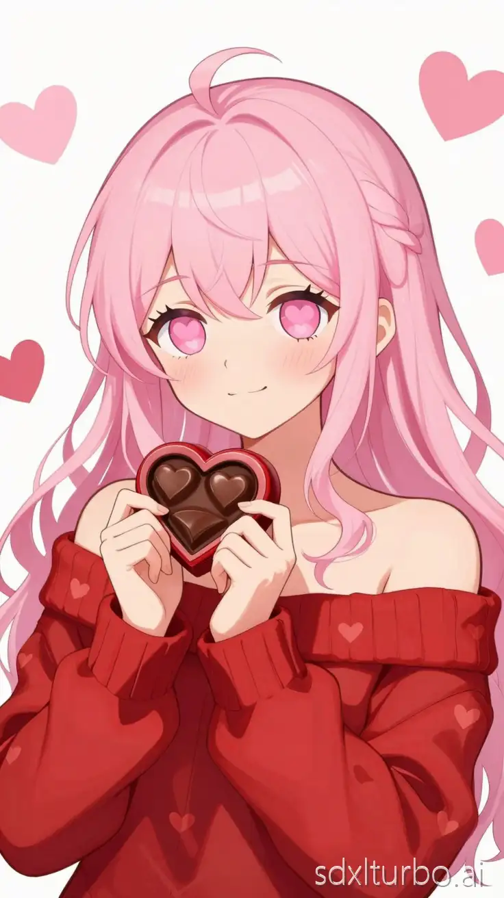 anime style PNGTuber character, upper body portrait, valentines day theme, long wavy pastel pink hair with side bangs, large heart-shaped pink pupils, soft romantic expression, gentle smile, off-shoulder red sweater with tiny heart patterns, holding a heart-shaped chocolate box near the chest, warm blush on cheeks, soft lighting, clean lineart, pastel colors, simple background with floating hearts, centered composition, vtuber style, high detail, no full body