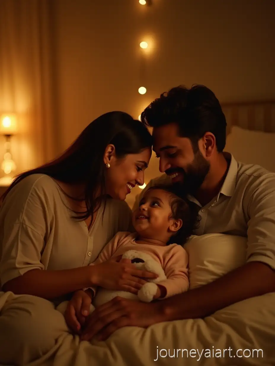 Happy-Indian-Family-Bonding-on-Cozy-Bed-with-WarmFamily-Bonding-at-Bedtime-Candlelight-and-Teddy-Bear
