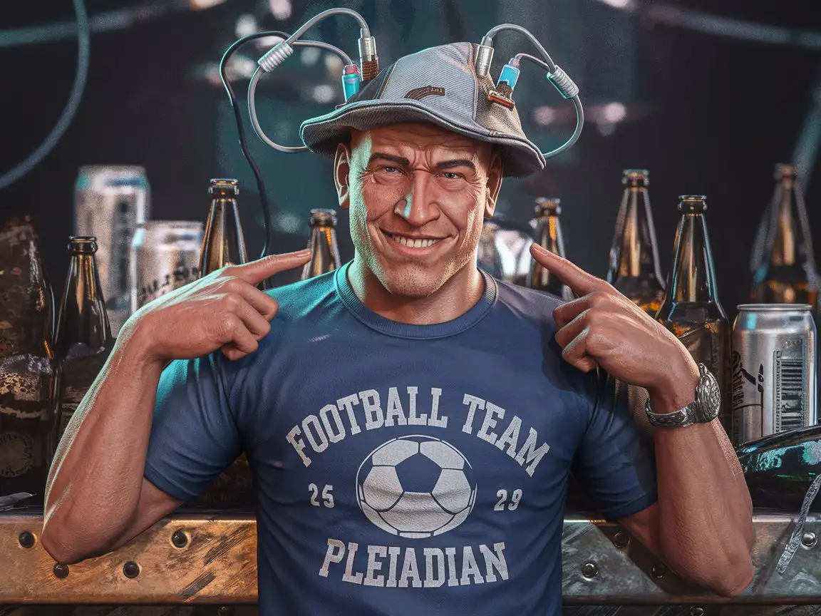 Photo of a cool smiling guy with a tee-shirt with the text "football team Pleiadian", wearing a funny hat with electrodes, a messy stage with cans and beer bottles in the background, photorealistic, highly detailed