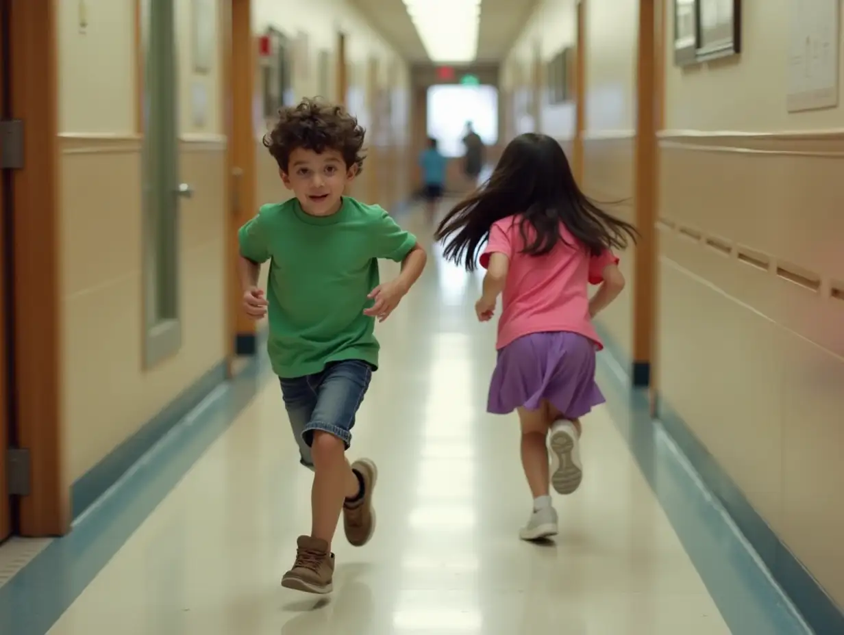 Two-11YearOlds-Racing-Down-the-Hallway-in-Bright-Clothing
