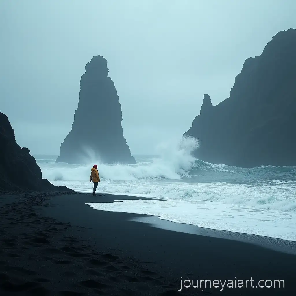 Young-Explorer-Watching-Violent-Ocean-Wave-on-Rugged-Black-Sand-Beach