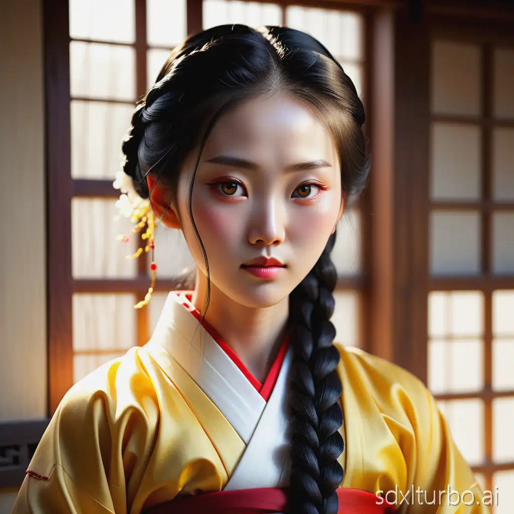 A photorealistic portrait of a mystical Korean woman inspired by the folktale “Ureong Gaksi.” She has long, tightly braided black hair that shines like silk, and soft, and gentle expressive eyes. She wears a traditional hanbok, yellow jeogori with red skirts—with delicate, silky textures that shimmer in natural light. Her atmosphere is serene and magical. She is standing in a warm, sunlit traditional Korean houseHer expression is calm, kind, and warm.