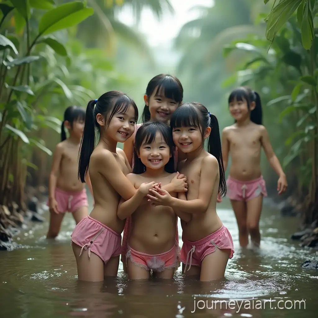 Group-of-Young-Girls-Playing-in-a-Stream-in-a-Coconut-Palm-Jungle