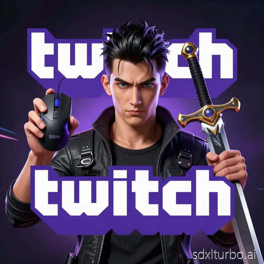 Banner for Twitch featuring a high-quality character with slicked-back hair, holding a gaming mouse in one hand and a sword in the other.