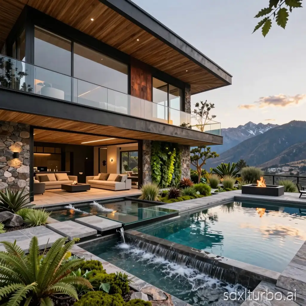 Ultra-realistic architectural render of a luxury biophilic mountain loft in Valle de Uco, Mendoza (Los Árboles – Villegas). Contemporary Andean design: local stone base, warm timber ceiling, black steel, corten accents, large low-e glass. Signature feature: a continuous shallow interior water rill with gently flowing water crossing the living space, passing under a glass bridge/stepping stones, ending in an indoor pond and spilling into an exterior reflecting pool connected to a private plunge pool (5x2 m). Integrated lush greenery along the water path: ferns, moss, native grasses, vertical green wall, one small indoor tree, skylight strips creating reflections. Deep covered gallery with BBQ, sunken wind-protected fire pit, outdoor shower, native xeriscape landscaping, Andes mountains backdrop, golden hour, 24mm architectural photography, sharp focus, natural colors.