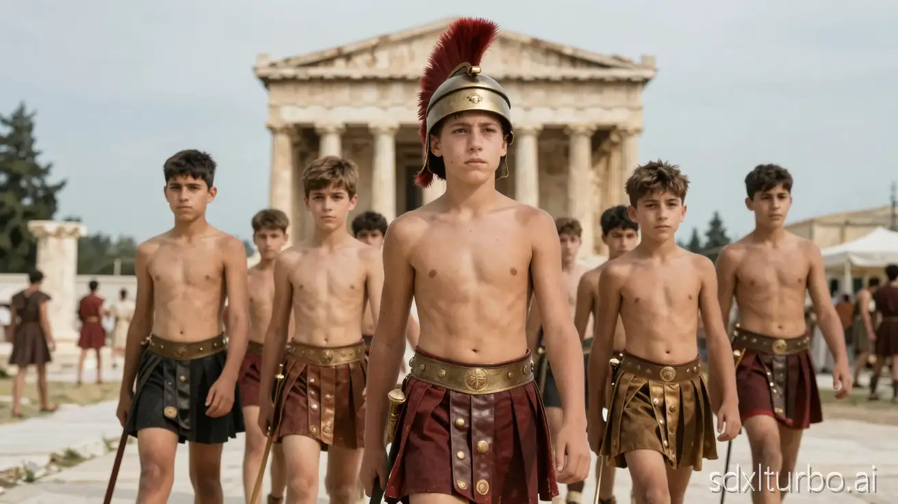 An army of young Spartans shirtless boys walk towards the camera, with a Greek temple and an agora in background, short focal lens