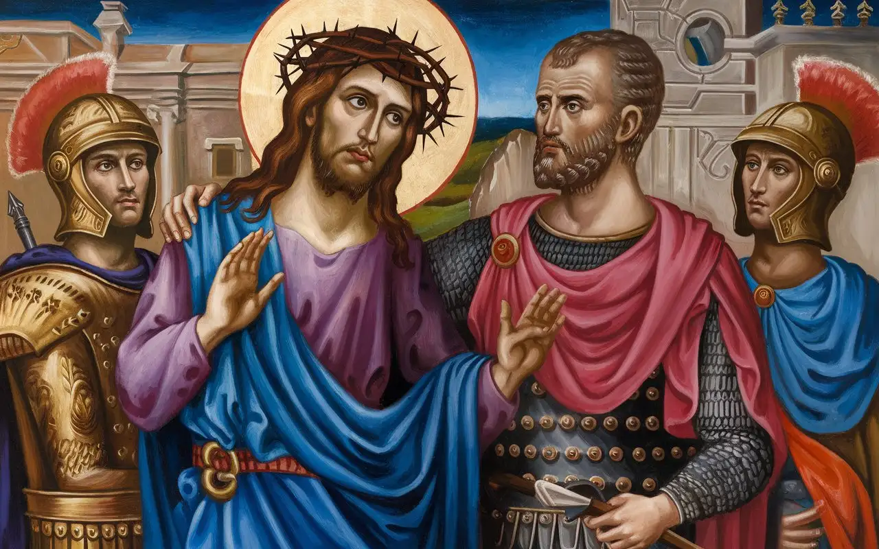 LORD JESUS CHRIST wore the crown of thorns and the purple robe, LORD JESUS CHRIST stand beside Pontius Pilatus the Rome Governor, LORD JESUS CHRIST was guarded by two Roman Soldiers at palace,