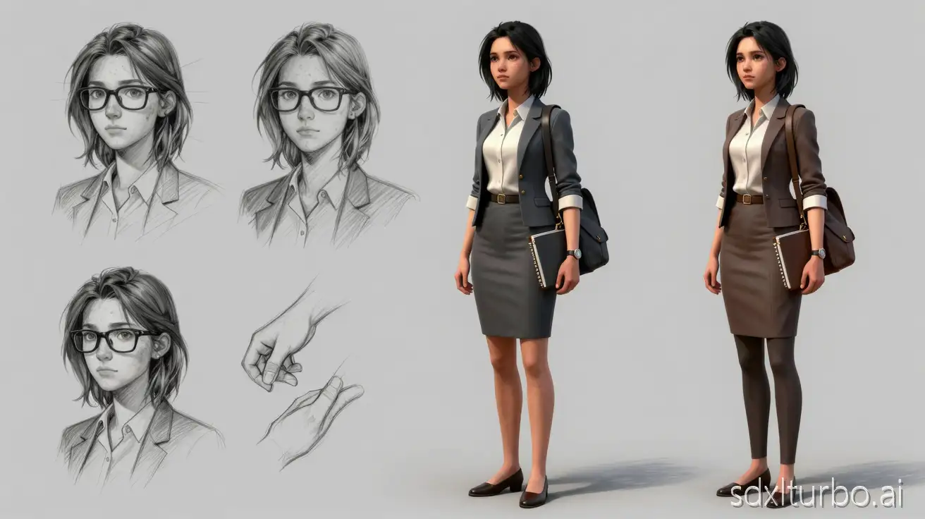 character concept art sheet, young female in her twenties, pale skin with freckles, black hair (medium length, slightly messy), wearing glasses, realistic journalist outfit in grey, white and brown tones (blouse, fitted jacket, skirt or slim pants, shoulder bag, notebook), calm but determined expression, full-body colored render and side view, 3/4 view, pencil -style sketches, detailed headshot, hand studies, clothing texture details, neutral grey background, AAA videogame style, cinematic lighting, professional character design sheet layout