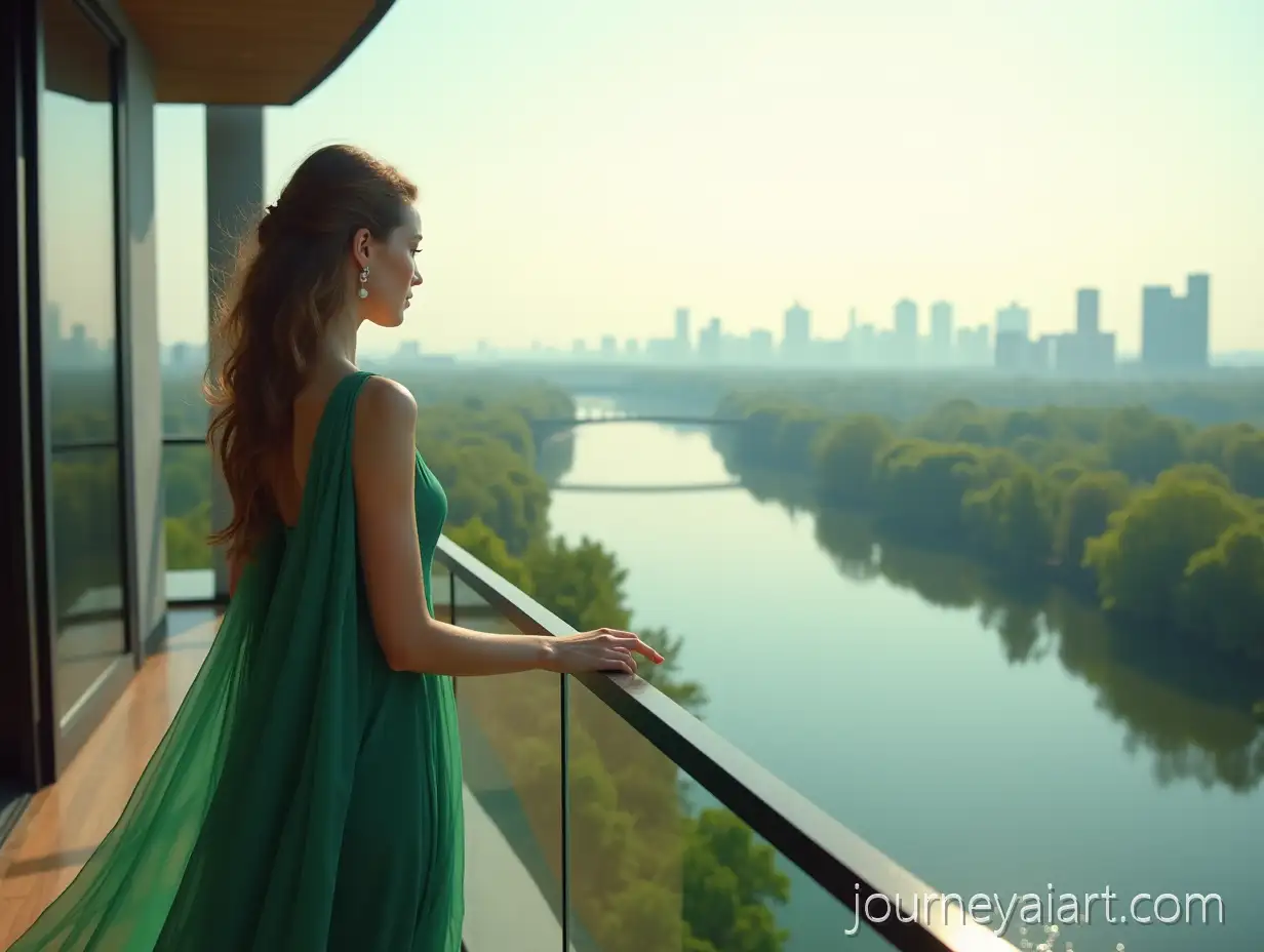 Woman-in-EmeraldGreen-Dress-on-Modern-Apartment-Balcony-with-Scenic-River-View