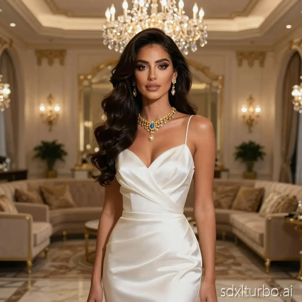 Hyper-realistic luxury woman with warm tan skin, long dark voluminous waves, glamorous evening makeup, wearing a white satin gown with gold crystal jewelry, standing beneath a crystal chandelier in an ornate luxury lounge, marble floors, soft golden light, 85mm lens, cinematic realism, ultra-detailed fabric texture.