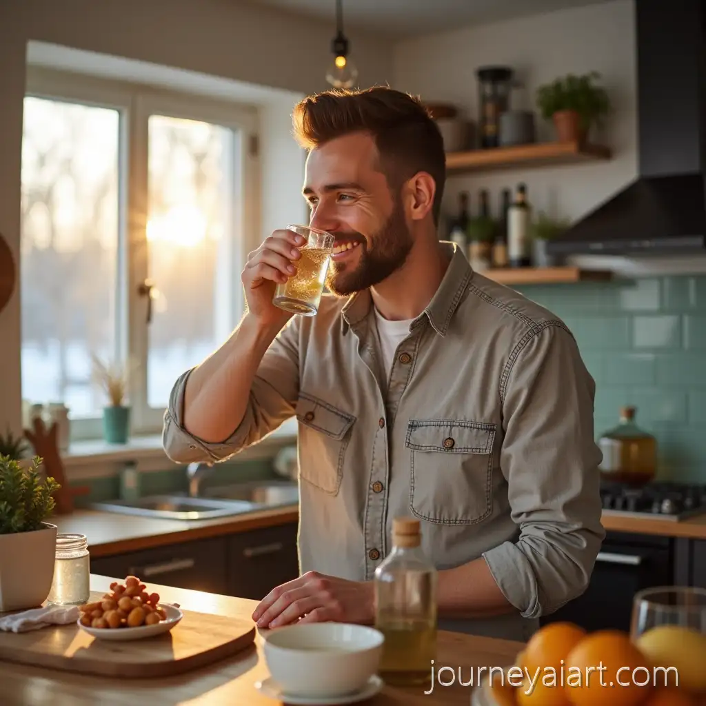 Man-Enjoying-Vitamins-with-Water-in-a-Sunny-Winter-Kitchen
