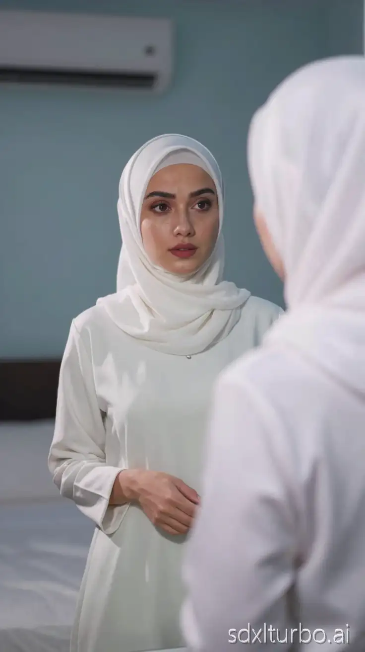 Yasmin, a beautiful Muslim woman in her 30s wearing a clean white hijab, stands in front of her bedroom mirror in the twilight of Jakarta, her beautiful face, almond eyes full of obedience but deep boredom, her body slender.
