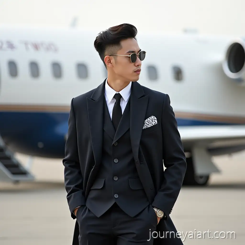 Confident-Korean-Man-in-Stylish-Modern-Attire-Beside-Private-Jet-on-Luxury-Runway