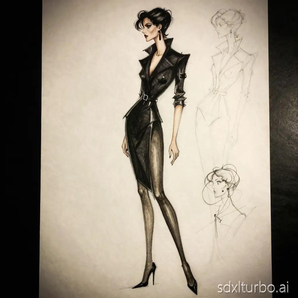 candice swanepoel, 40s noir femme fatale, full body, long legs, profile view, fashion drawing sketch, sketch on paper, character design sheet, by Rolf Armstrong and Evelyn De Morgan and Bastien Lecouffe-Deharme, dramatic lighting, high contrast