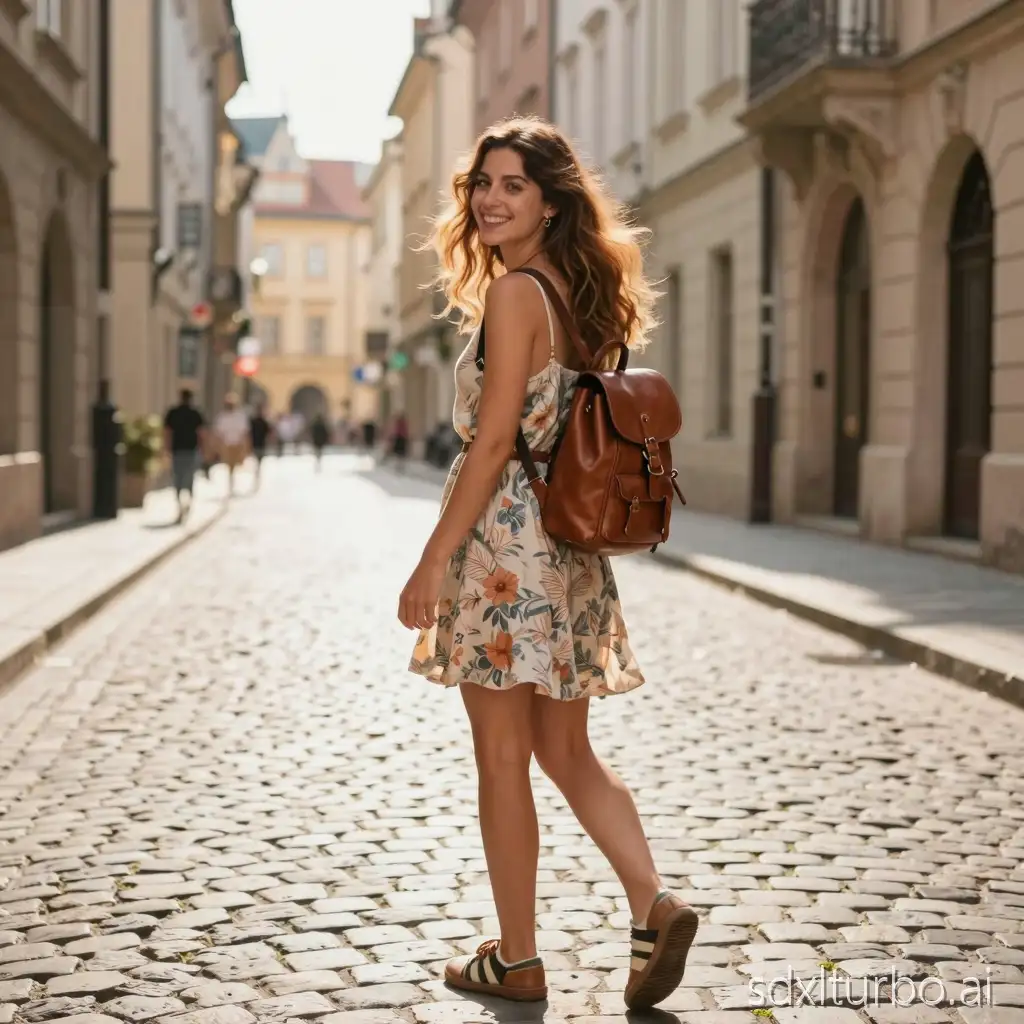 A 22-year-old Slavic–Spanish traveler woman at a European old-town street, summer dress fluttering, small leather backpack, chestnut hair sunlit, tanned legs, vibrant smile, warm tones, cobblestone pavement, golden sunlight, travel photography, 35mm lens, high realism