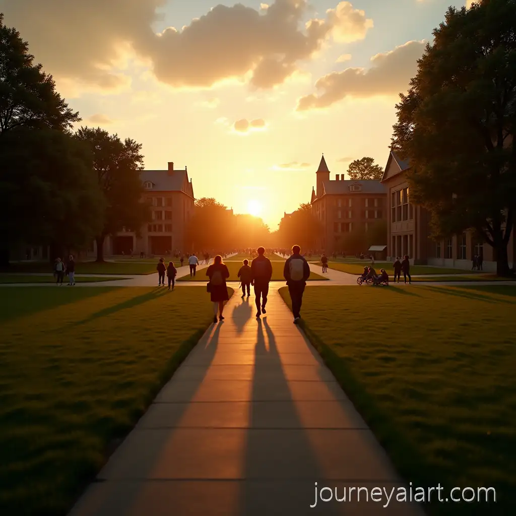Cinematic-WideAngle-University-Campus-at-Sunset-with-Students-Walking-Across-Lawns