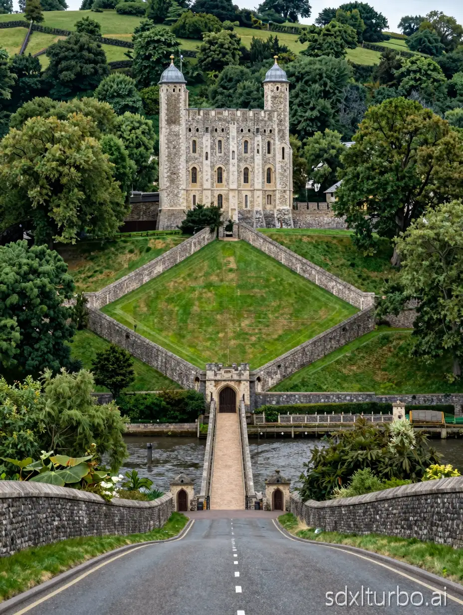 ground-level POV from road looking up towards a castle across the river, lush landscape, steep rolling hills covered in dense green trees, large diamond-shaped clearing with stone walls forming boundaries, steep 40-degree slope, stone walls connecting to corners at the base of White Tower of London at the top, small gatehouse at bottom, enclosed courtyard, castle overlooking river, hyper-realistic textures, natural lighting, 8k