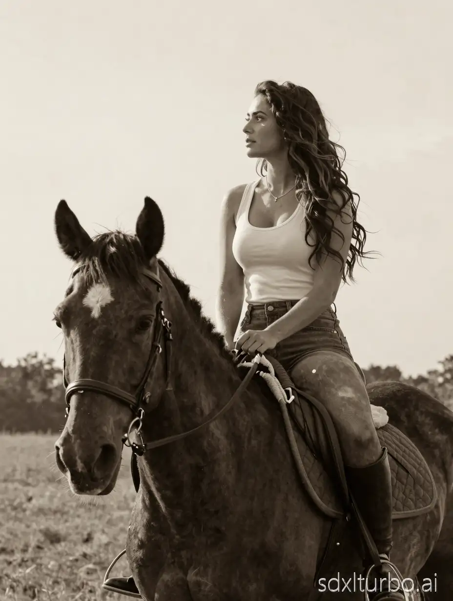 A woman ride a horse captured in a warm sepia tone. The image conveys a serene and intimate atmosphere.