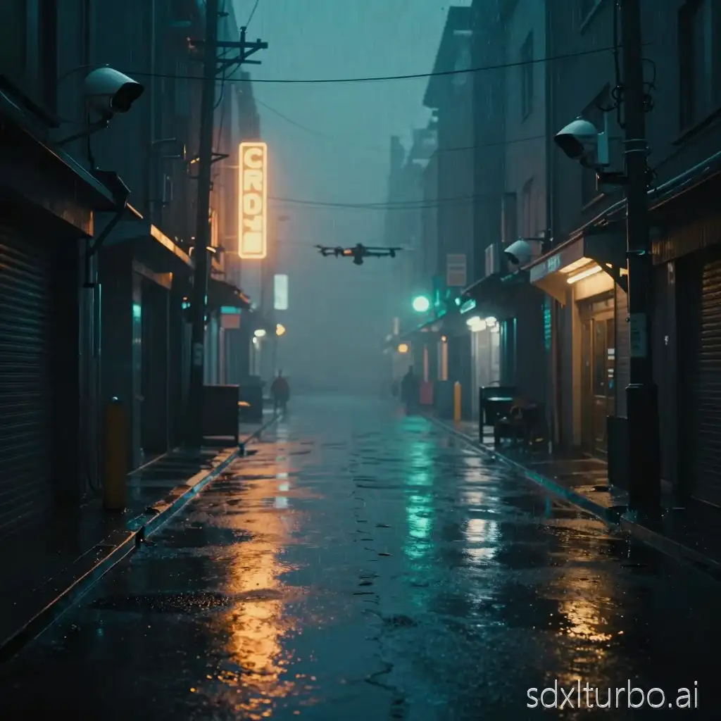 Neon-noir dystopian night street, light rain on asphalt, teal & amber neon reflections, low haze/smog, CCTV domes, distant drone, cinematic, 1.85:1