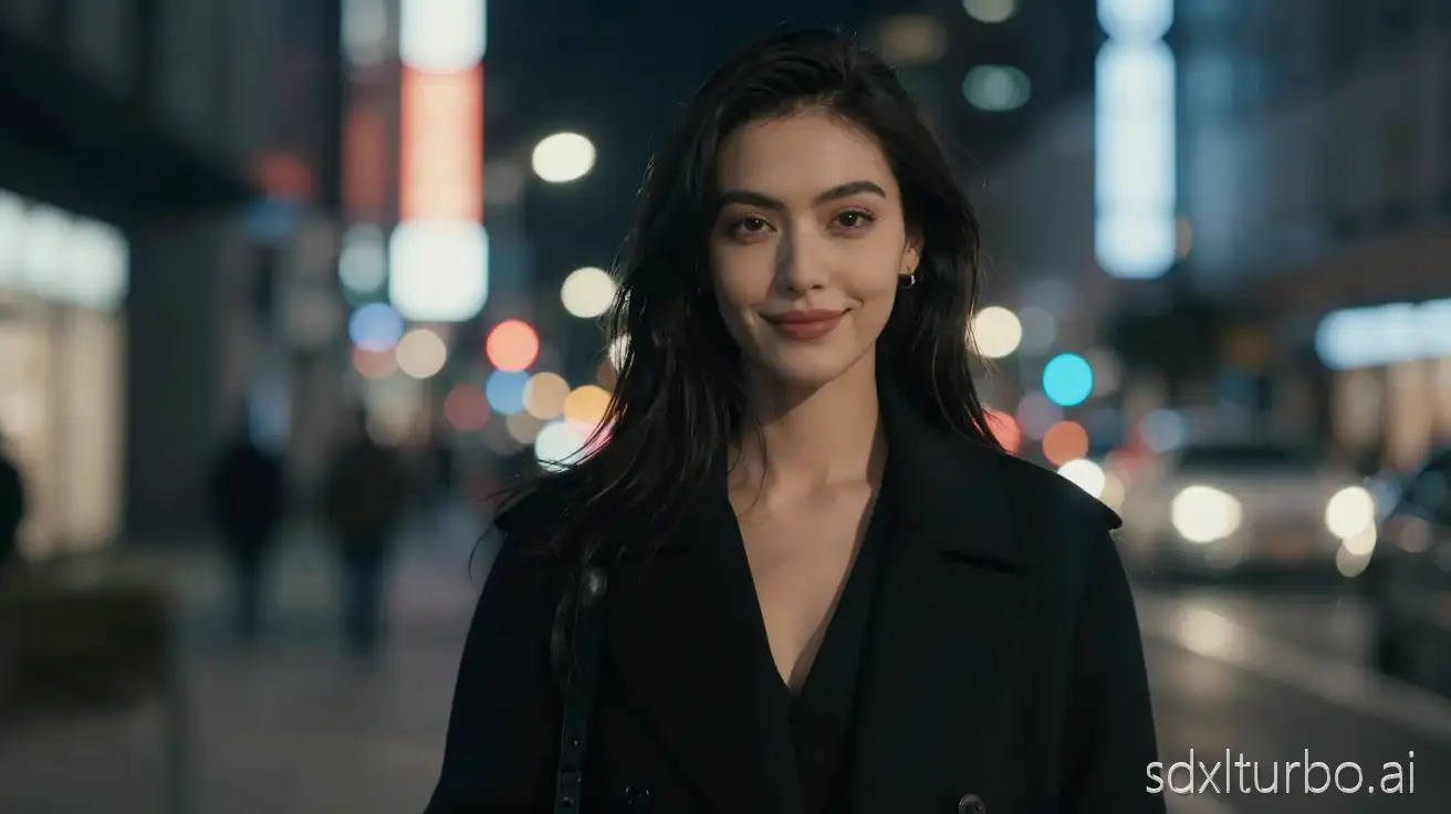 cool confident adult woman, 26 years old, original fictional character, sharp eyes, subtle confident smile, long dark hair, sleek city fashion, black coat, minimalist style, night city atmosphere, neon lights, cinematic lighting, urban mood, shallow depth of field, bokeh city lights, 35mm film look, cinematic realism, tasteful, no nudity, no explicit content. Original fictional character