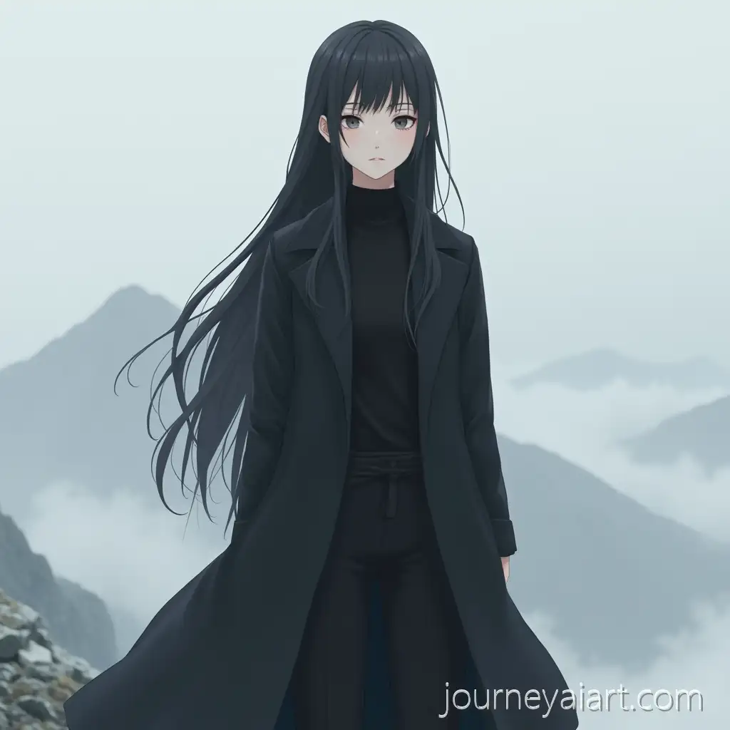 Young-Woman-in-Black-Coat-Standing-on-Mountain-Peak-Surrounded-by-Mist