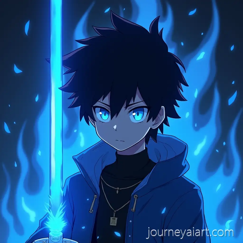 Anime-Boy-Holding-Blue-Flame-SwordBlue-Flame-Sword-Boy-with-Black-Fonts-and-Blue-Eyes