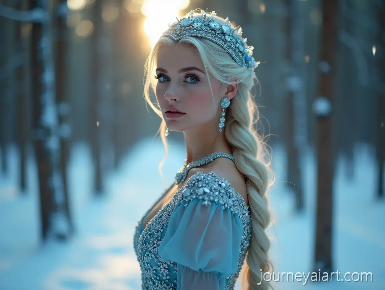 Snow-Maiden-in-Icy-Russian-Folk-CoutureSnow-Maiden-Vogue-Fashion-in-Snowy-Forest-at-Blue-Hour