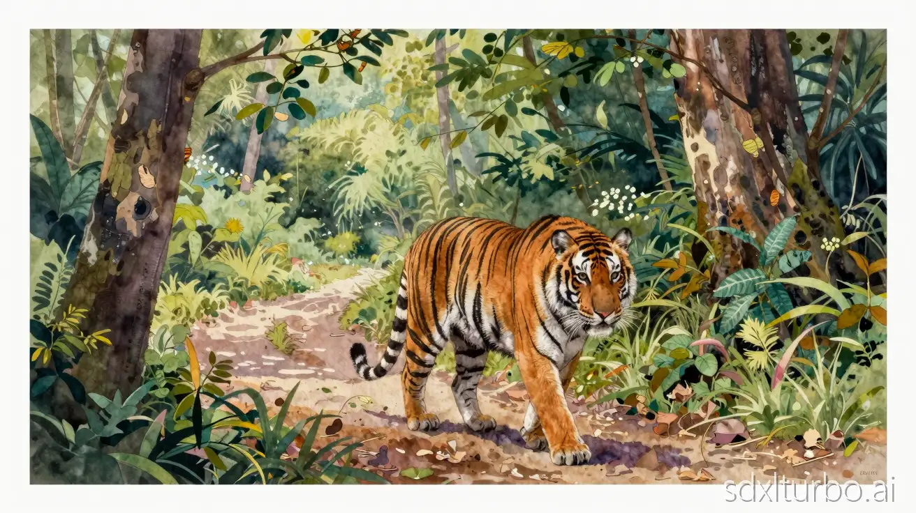 Professionak museum high-quality art in watercolor style of forest landscape, tiger walks by the forest path towards the audience, soft light, full-length focus, vibrant colors, old style textured fabric.