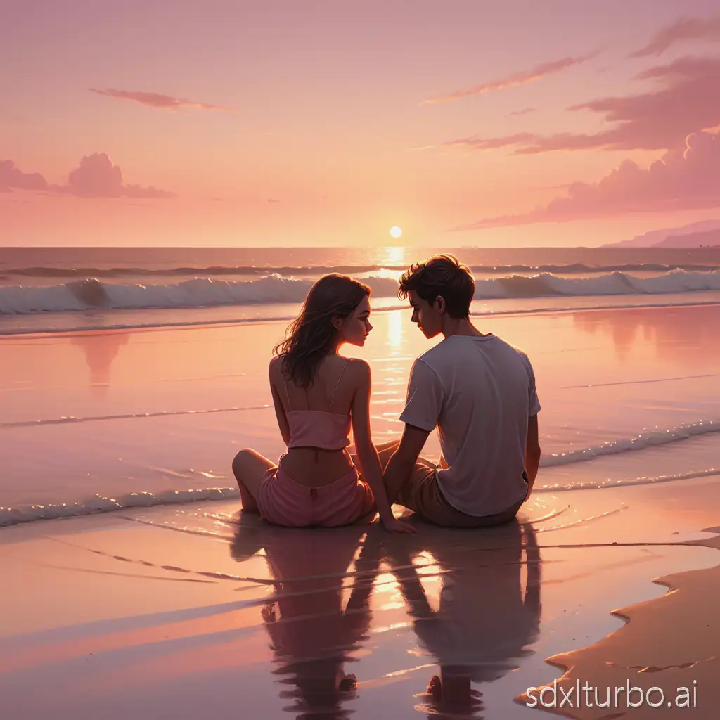 A realistic romantic scene of a boy and his girlfriend sitting together on a quiet beach during sunset. Soft golden evening light reflecting on the water, warm orange and pink sky, gentle waves, silhouettes glowing from the sunset behind them. The couple sitting close on the sand, peaceful mood, natural skin tones, ultra-detailed faces, soft shadows, cinematic look, 8K resolution, highly detailed, photorealistic.