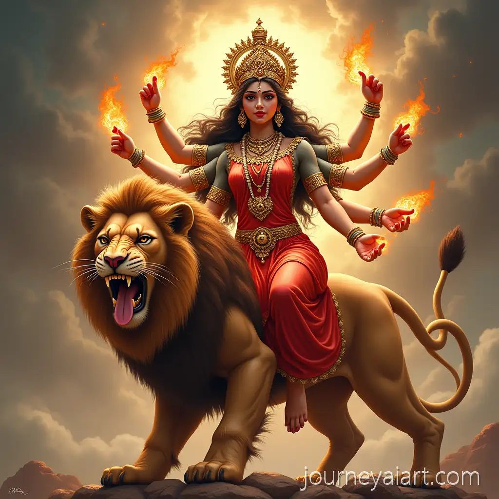 Divine-Goddess-Durga-Seated-on-a-Roaring-Lion-with-Eight-Radiant-Arms