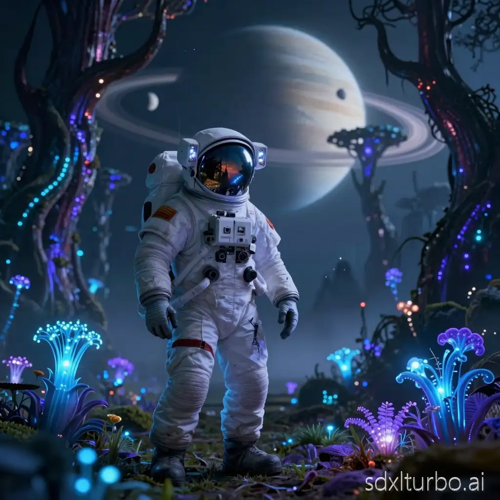 A cinematic, ultra-realistic scene of a lone astronaut standing on a glowing bioluminescent alien forest at night. The ground is covered in luminous blue and purple plants that softly emit light, casting reflections on the astronaut’s polished helmet visor. Towering alien trees twist upward, their branches resembling fiber optics, pulsing with faint neon energy. In the sky, a massive ringed planet dominates the horizon, with two smaller moons visible behind drifting, translucent clouds. The astronaut is slightly off-center, facing the horizon, with subtle reflections of the alien landscape visible on the visor. Fine details include scratches on the suit, dust particles floating in the air, and gentle fog rolling along the forest floor. Lighting is dramatic: soft ambient glow from the plants below, contrasted with a cool rim light from the distant planet. Shot in 8K resolution, photorealistic, shallow depth of field, volumetric lighting, global illumination, hyper-detailed textures, cinematic color grading, Unreal Engine style rendering, sharp focus on subject, slight film grain.
