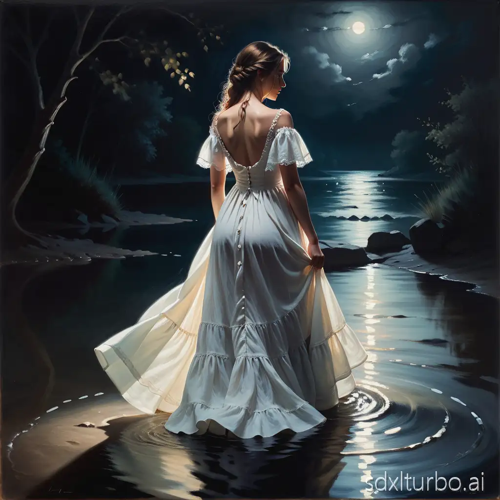 classical romantic oil painting, chiaroscuro lighting, high contrast, deep shadows, dramatic moonlight, solitary woman seen from behind, flowing white Victorian dress, standing in shallow water at night, painterly texture, visible brush strokes, layered oil paint, romanticism fine art, moody and melancholic atmosphere