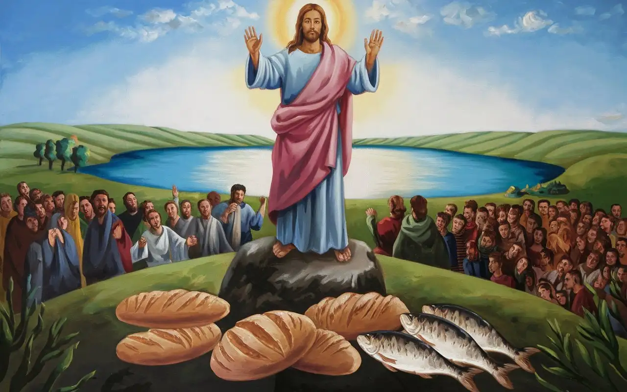 Lord Jesus Christ performed a miracle to the crowd on a hill, He fed the multitude with only Five Loaves and Two Fishes, Lord Jesus Christ manifested himself he was The Messiah,
