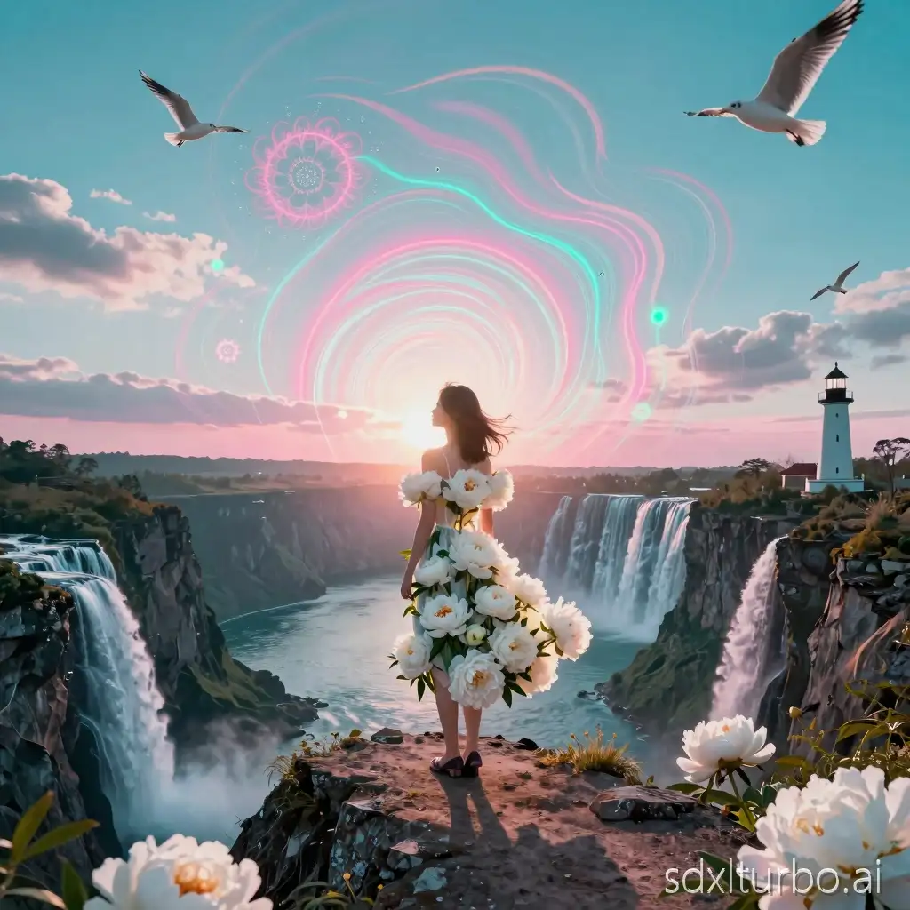 Triple exposure, surrealism. Woman in a neon dress made of white peonies stands at the edge of a cliff. Shooting angle 30°, around — mountains, waterfall, lake below. Sunrise, back light, neon vortex of flowers, fractals, patterns, wind, abstract clouds. Lighthouse, domes, white seagulls in flight. Colors: aquamarine, til, pink, white.